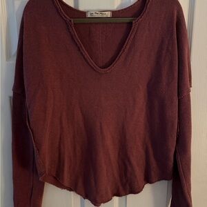 We The Free Deep Burgundy V-Neck Raw-Edge Pullover